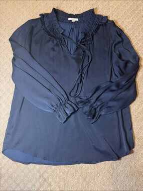 Pleione Navy Ruffle Tie-Neck Long Sleeve Pirate Blouse